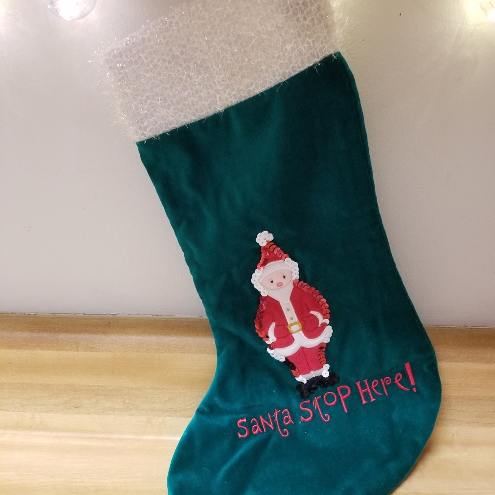 Old Navy Green Christmas Stocking w/ Sequins & foofoo Long~Velvety
